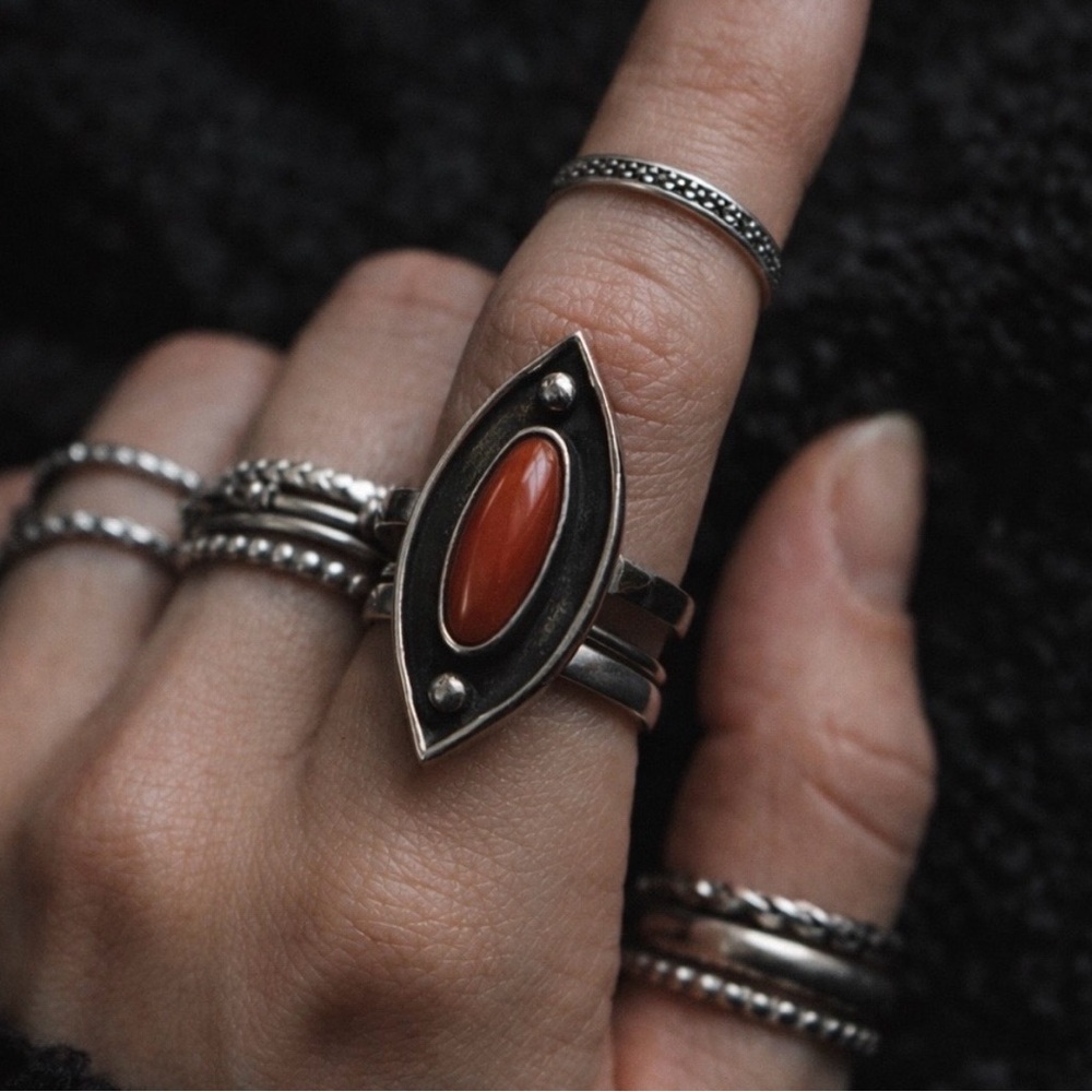 Vintage Sterling Silver Marquise Ring • Red Cabochon • Size 7